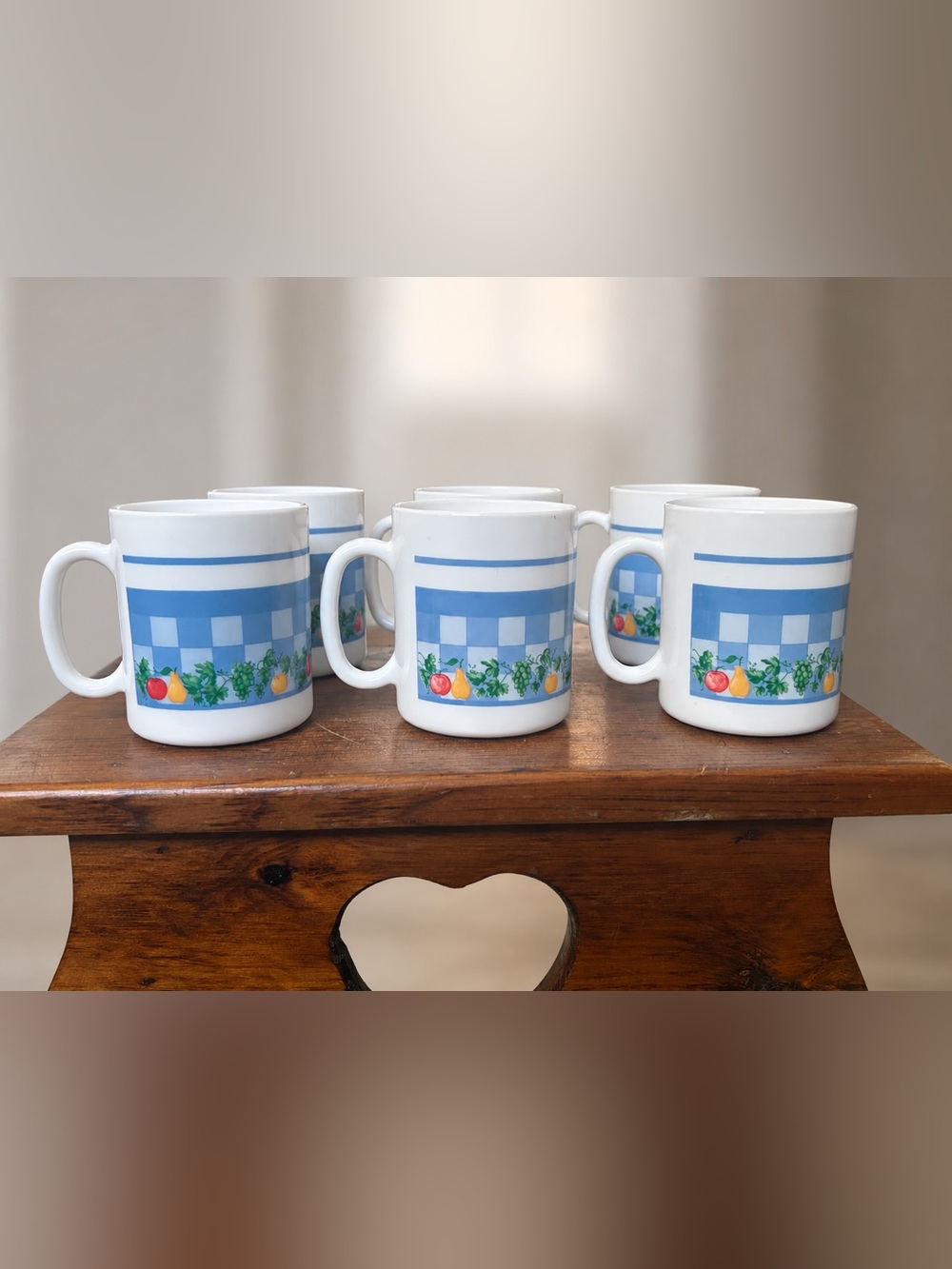 Vintage Arcopal France Milk Glass Mug Set of 6 Blue Gingham Fruit Coffee Cups